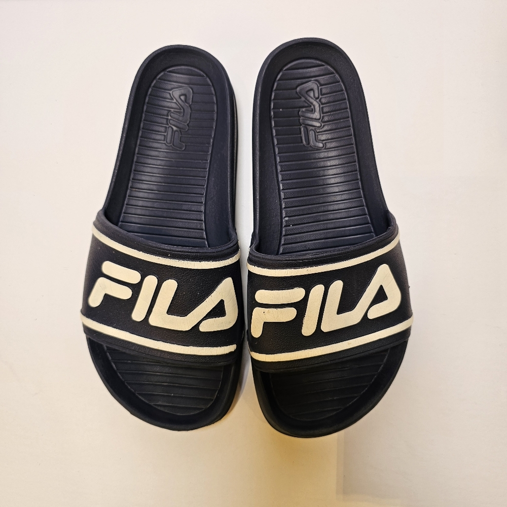 Fila navy blue and white slides size 7M US women